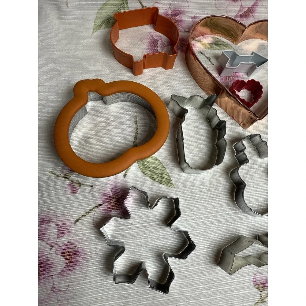 Vintage Cookie Cutter Lot 15 Metal Plastic Holiday Shapes Heart Pumpkin Tree